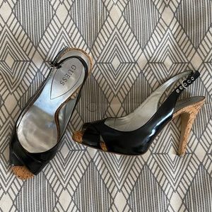 Guess Patent black & cork heels